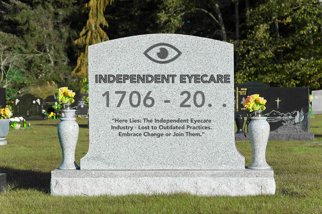 Tombstone in a graveyard symbolizing the decline of independent eye care practices, highlighting the need for private label eyewear to stay competitive.