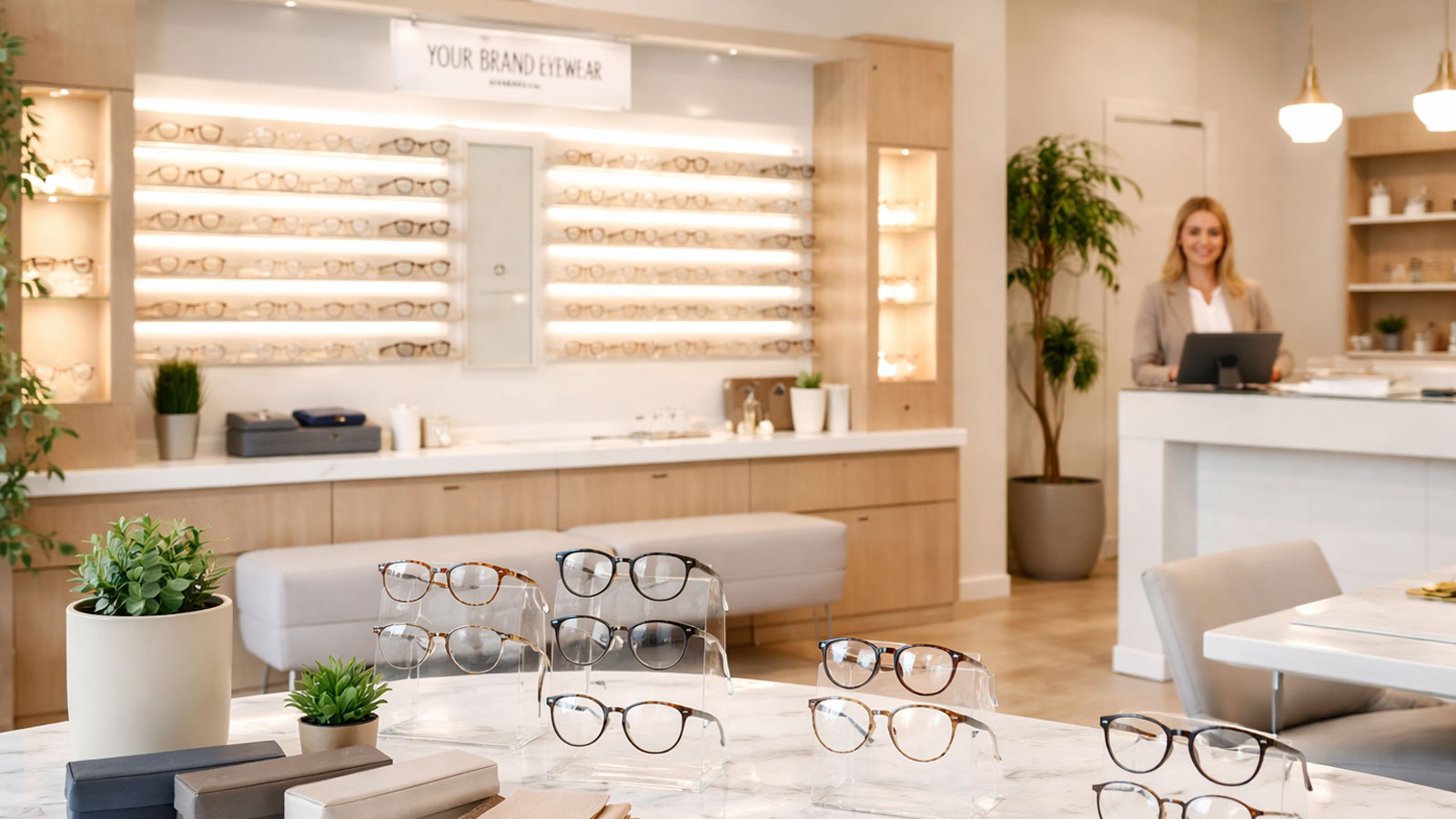 Modern eyecare practice owner discussing private label eyewear