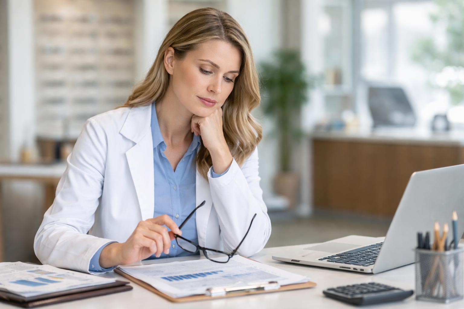 Optometrist reviewing practice performance