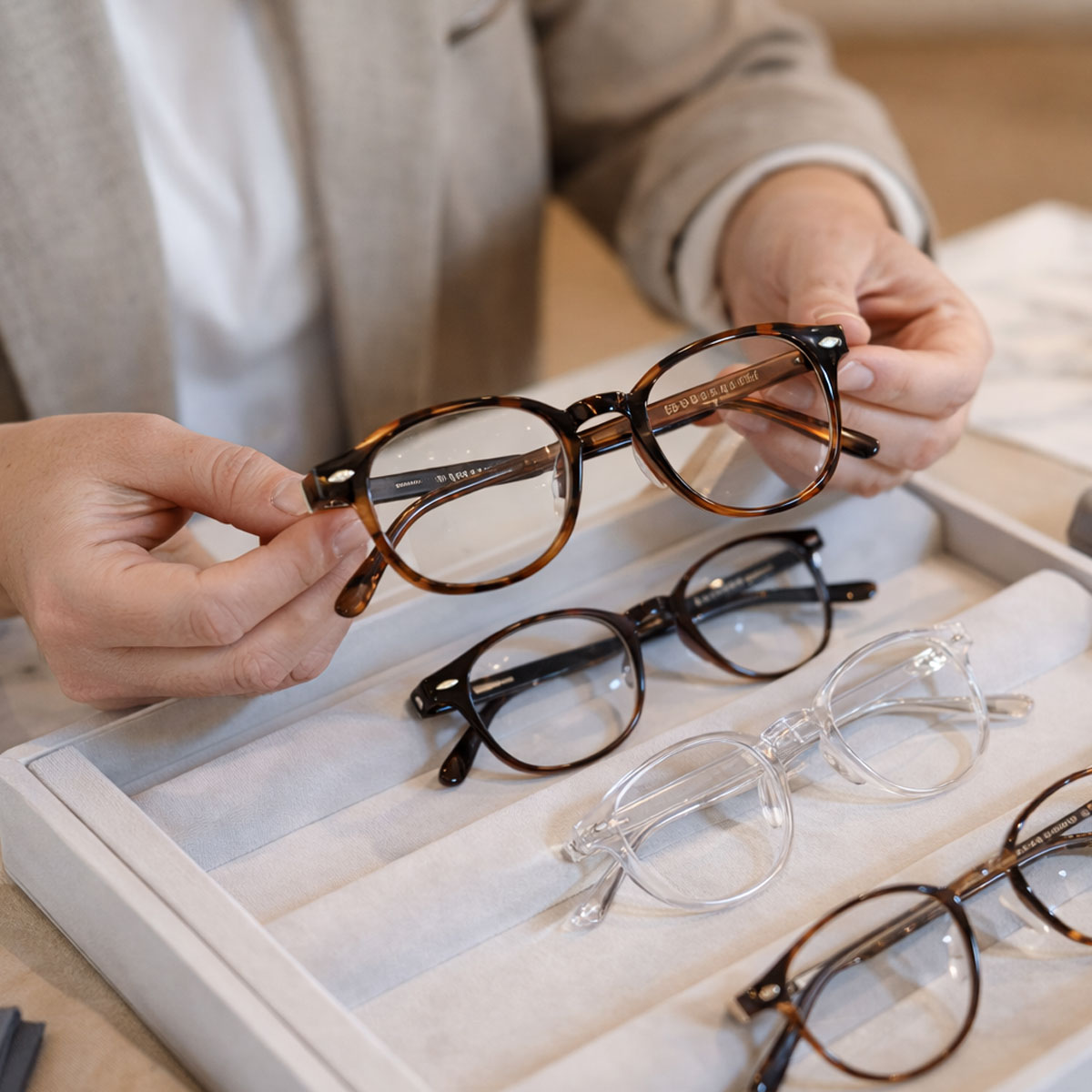Optician reviewing private label eyeglass frames in hand