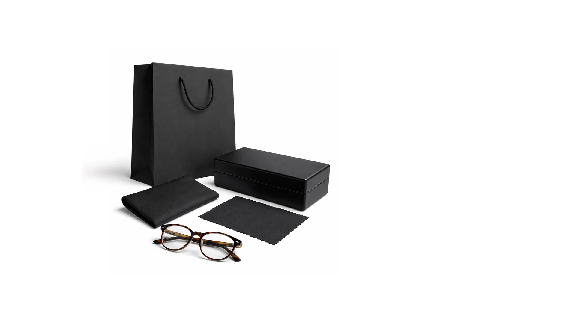 Private label eyewear packaging with frames, case, cloth, and presentation box