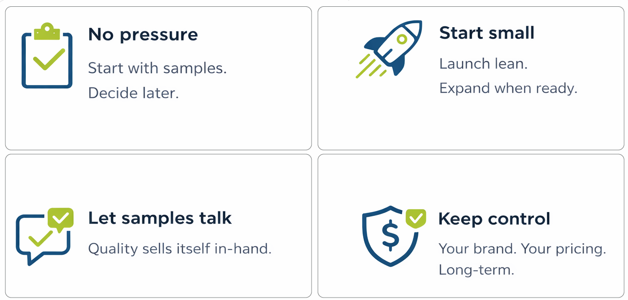 No pressure, start small, let samples talk, keep control