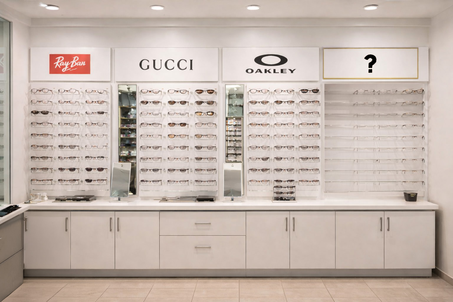 Optical frame display wall showing major brands and a placeholder for private label