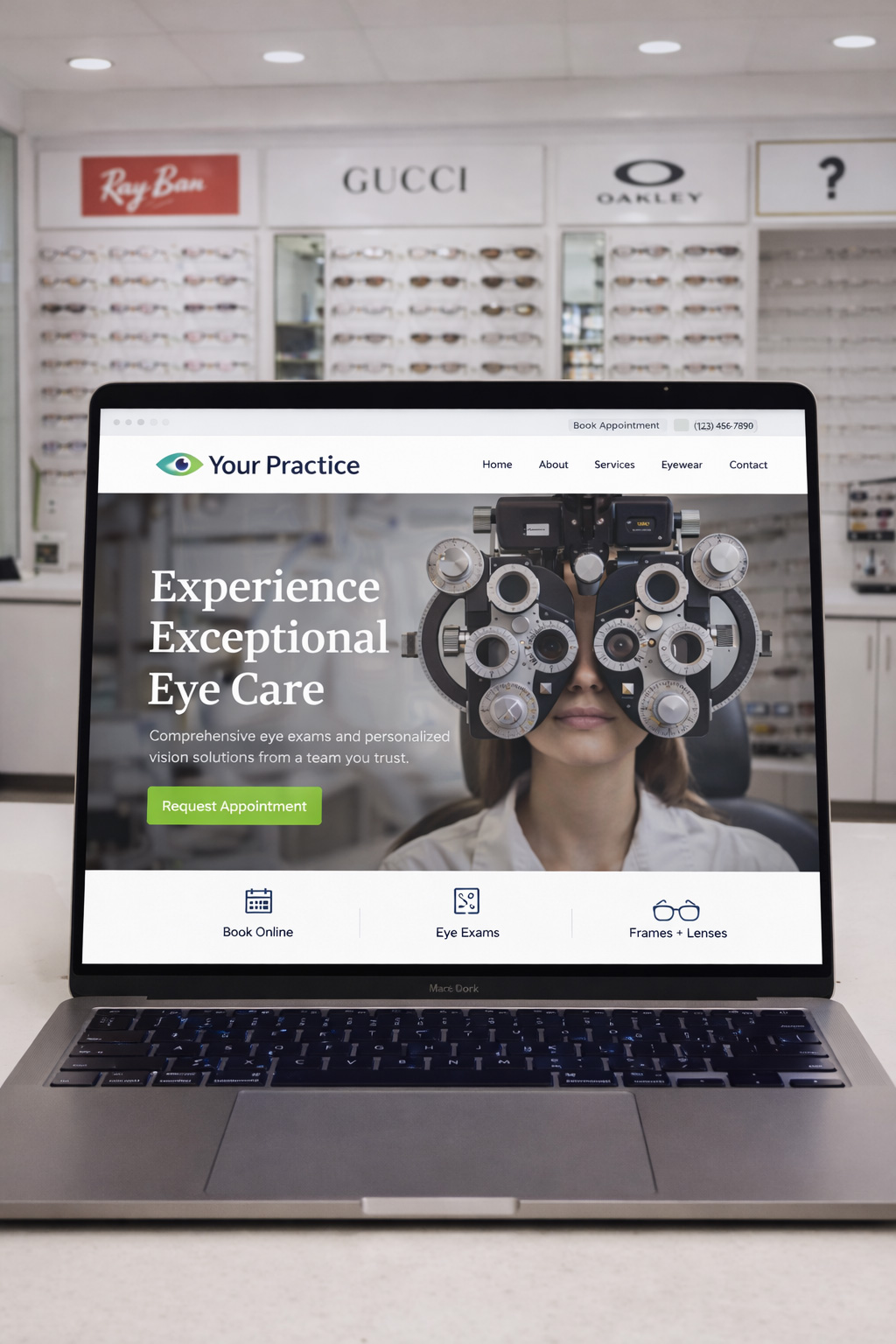 Typical optometry website header showing an eye exam — strong care, weak retail presentation