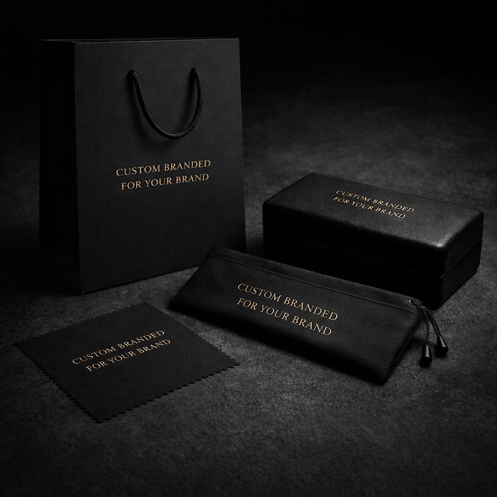 Private label eyewear packaging - bag, case, cloth and box