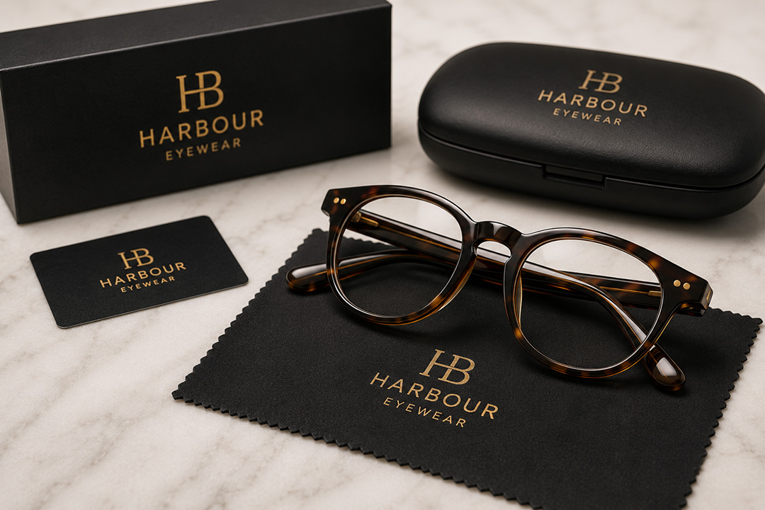 Private-label eyewear displayed with branded case, cloth and packaging