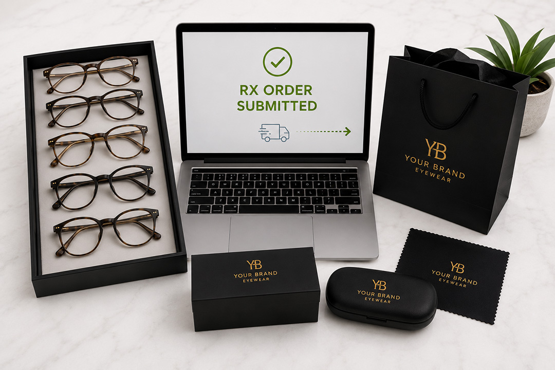 BoardReady order submitted electronically beside a complete private-label frame collection and branded packaging