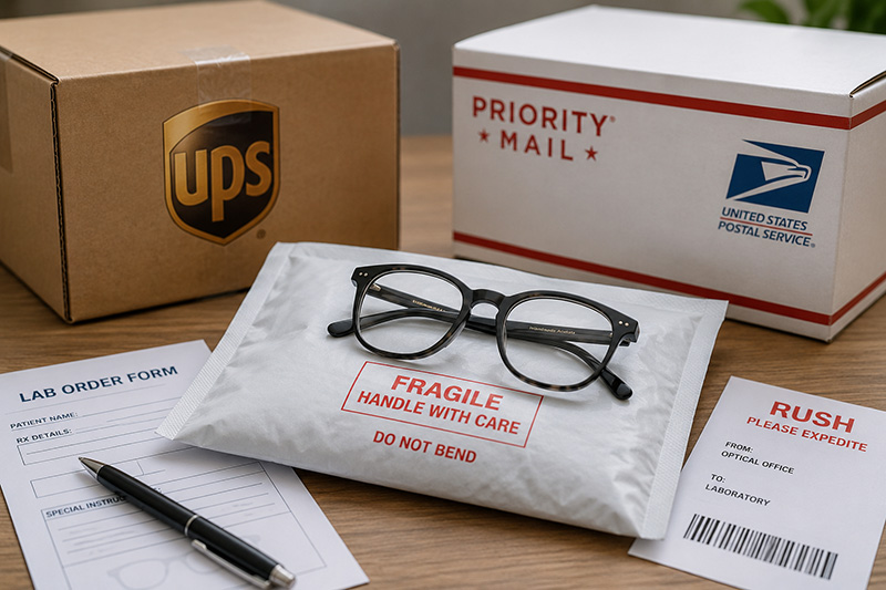 Eyeglass frame being prepared for shipment to a prescription lens laboratory