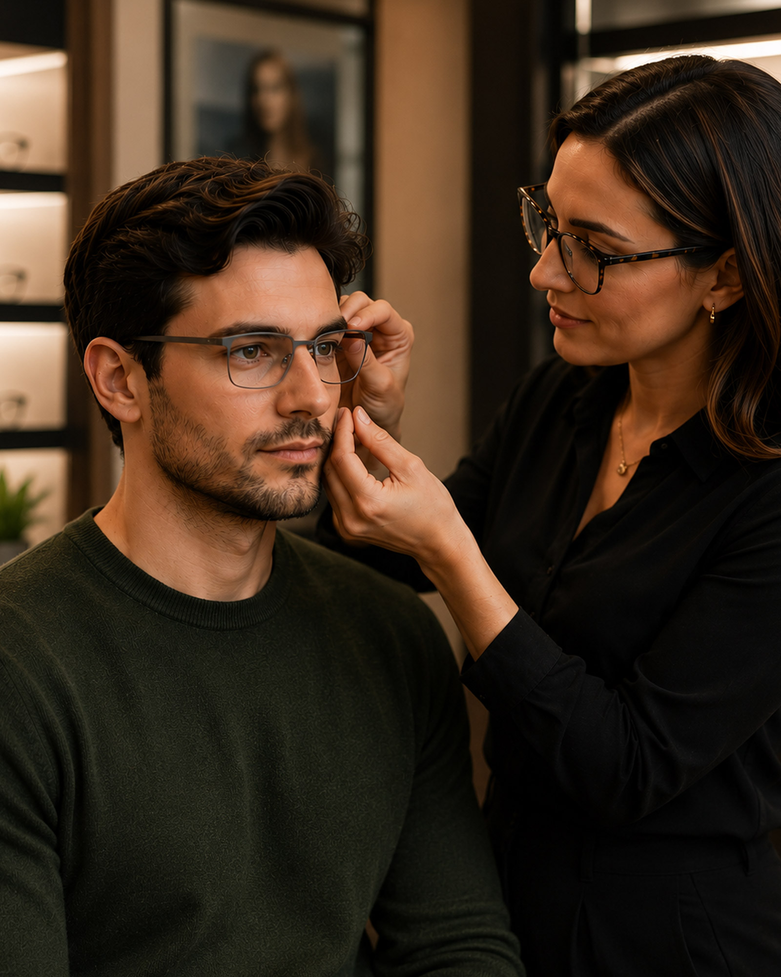Optician styling patient with eyewear