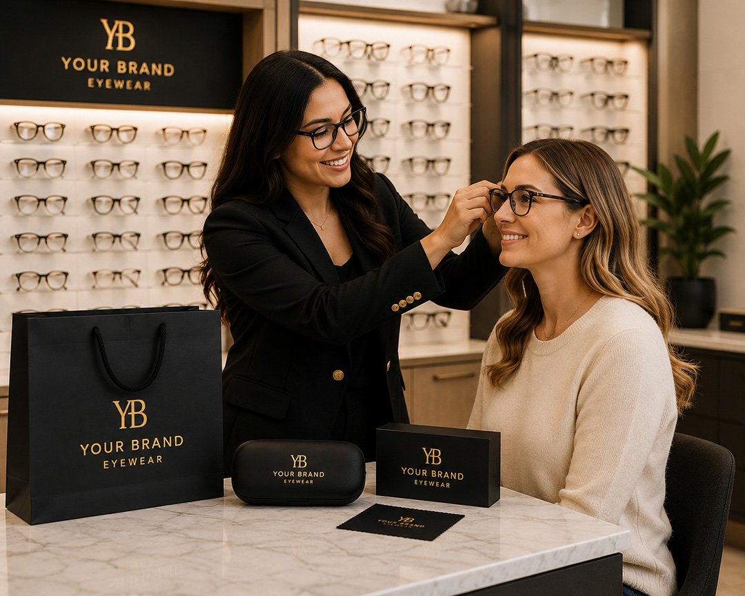 Optician adjusting a private-label frame on a patient in a premium optical practice