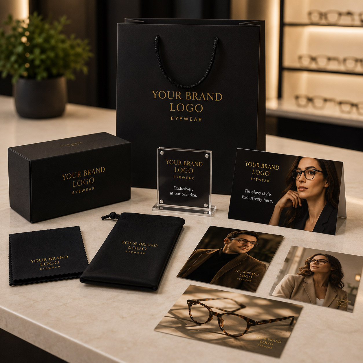 Branded box, shopping bag, cleaning cloth and soft pouch