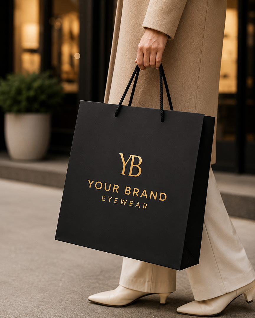 Patient leaving with a premium Your Brand Eyewear shopping bag