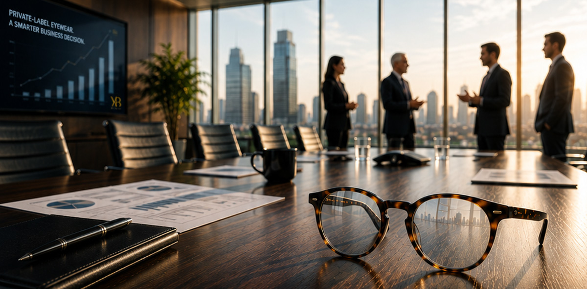 Executive boardroom with a private-label eyewear frame on the conference table